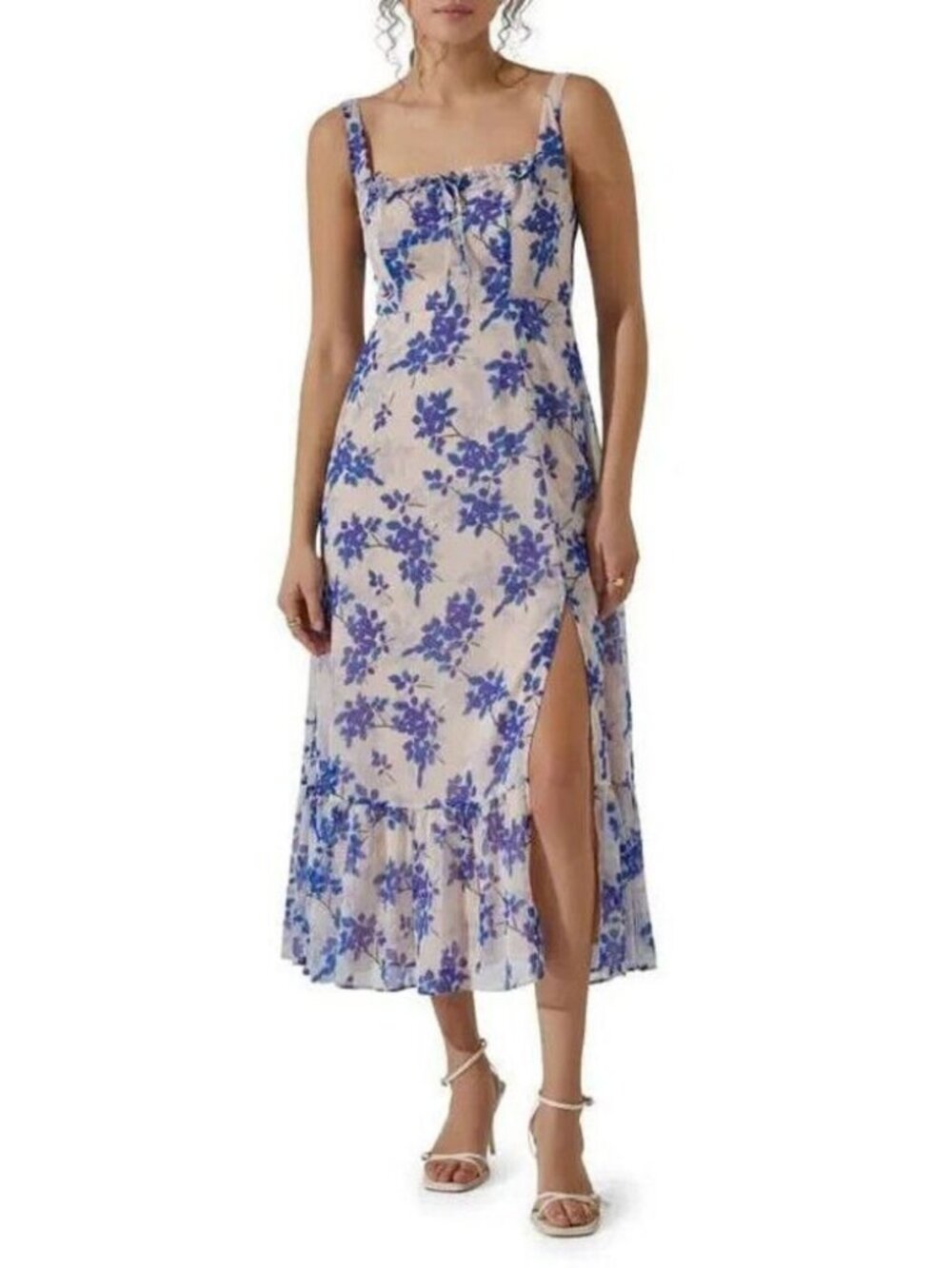 ASTR The Label Midi Dress Small Ivory/Blue Square Neck Floral Chiffon Ruffle NWT